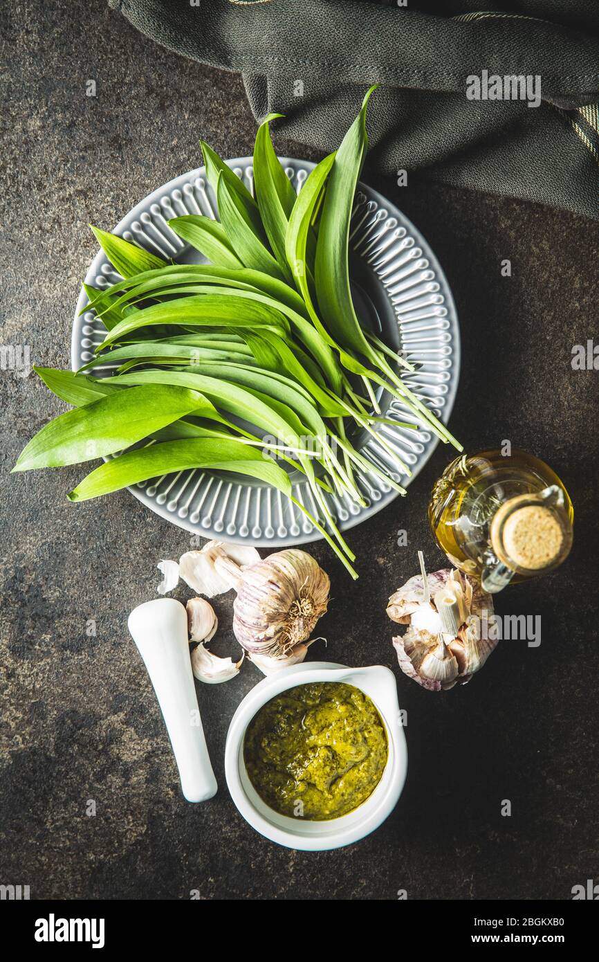 Wild garlic pesto and green ramsons leaves. Top view Stock Photo Alamy