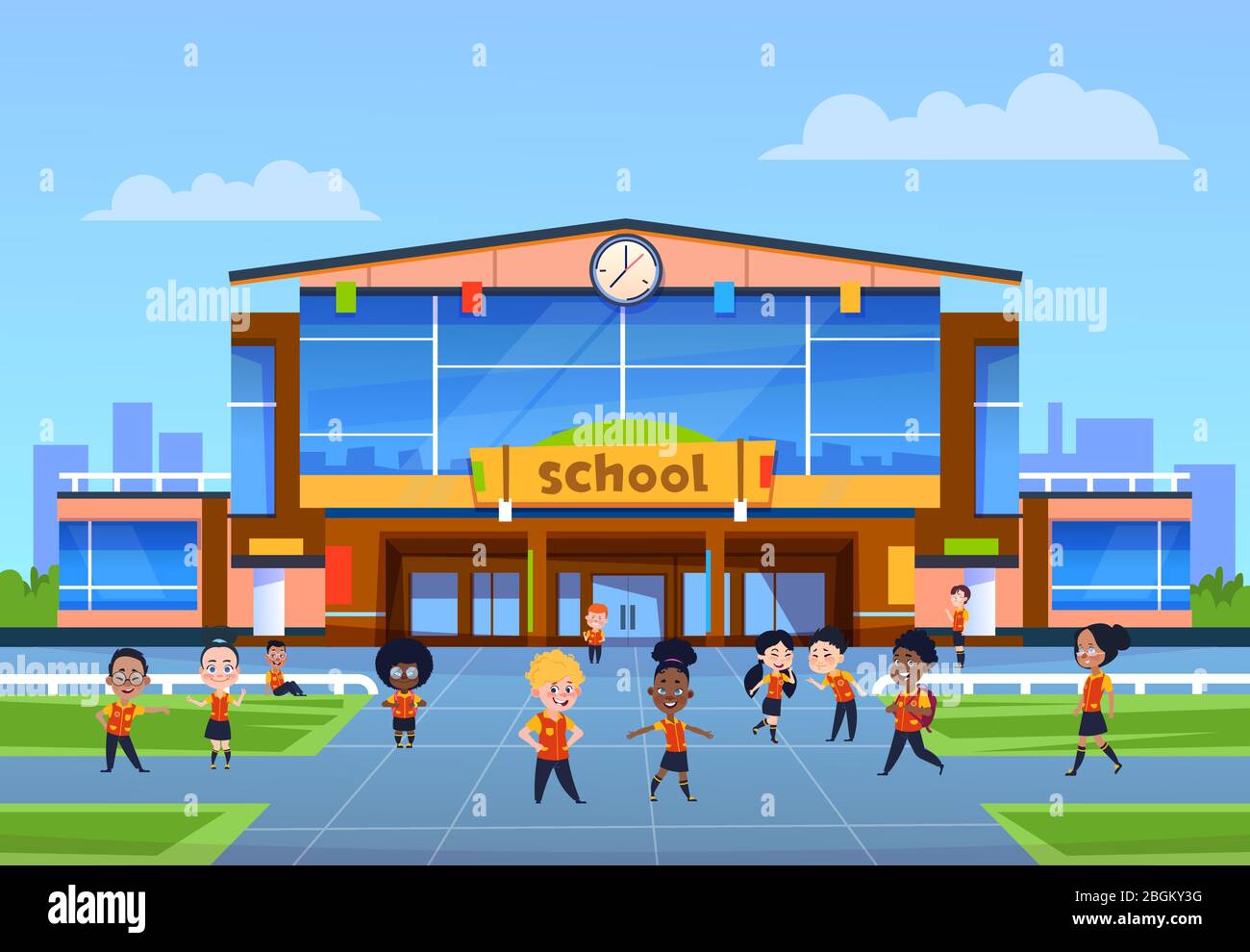 Children at school building. Cartoon kids in uniformy play in yard in front  of college. Back to school, education vector background. College education  Stock Vector Image & Art - Alamy