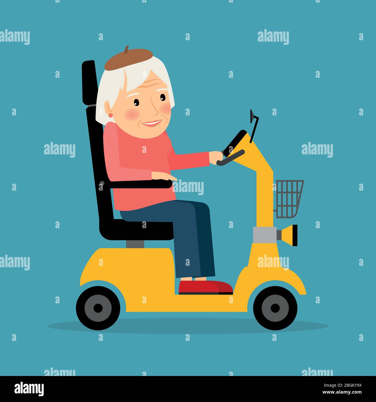 Senior woman on wheel electric scooter. Vector illustration. Stock Vector
