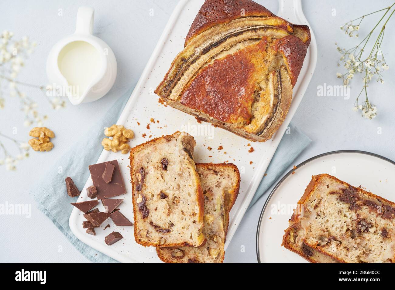 Banana bread. Sliced cake with banana, chocolate, walnut. Traditional american cuisine Stock Photo