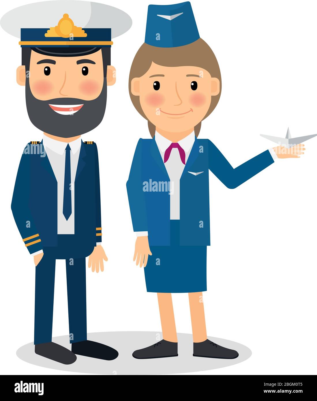 Pilot and stewardess vector characters. Airline company employee in uniform. Stock Vector