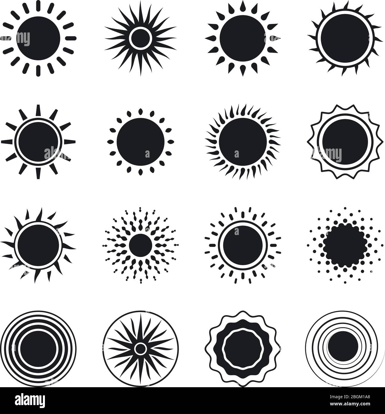 Sun icons. Black sun images on white background. Vector illustration ...