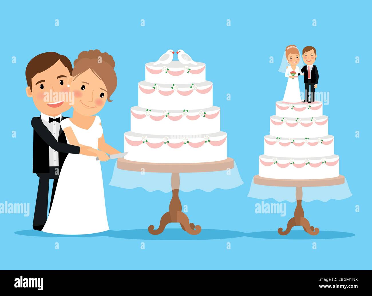 Wedding cake with bride and groom cutting wedding cake together