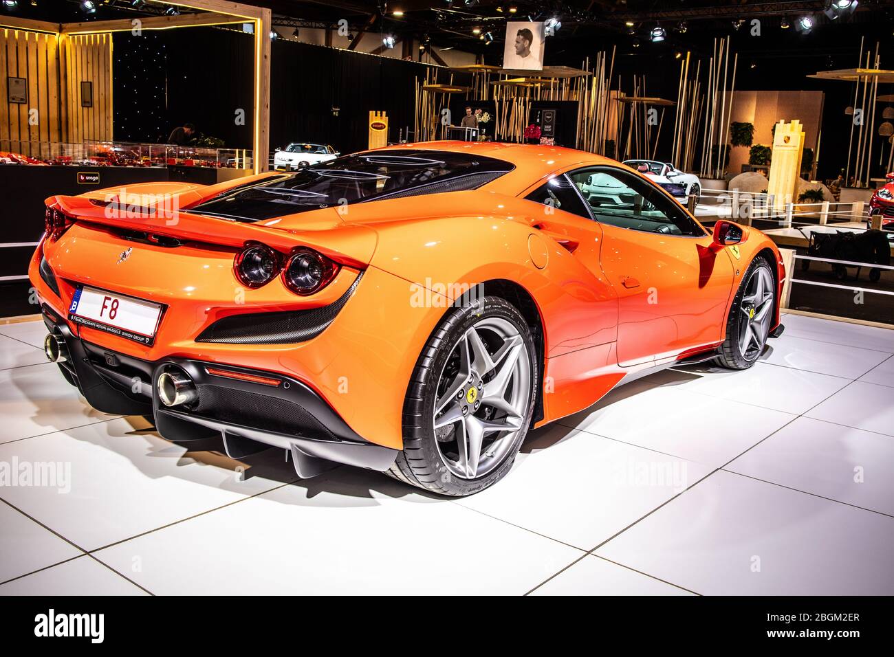 Brussels, Belgium, Jan 2020 Ferrari F8 Tributo, Brussels Motor Show, mid-engined sports car produced by the Italian manufacturer Ferrari Stock Photo