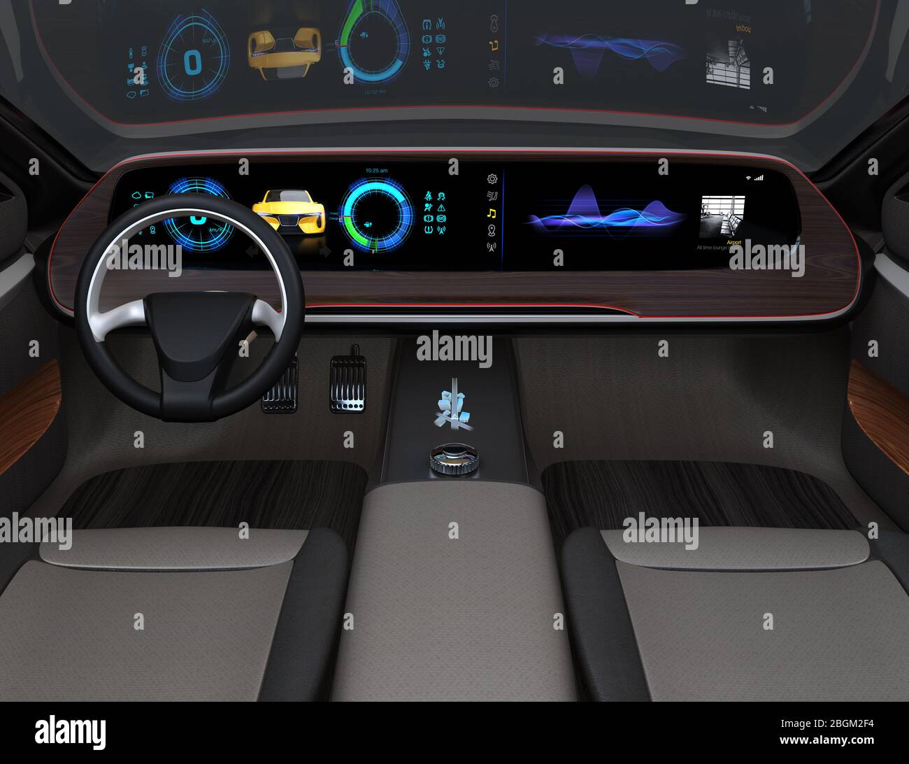 Interior of self-driving electric car equip with wide digital multimedia screen. Generic design. 3D rendering image. Stock Photo
