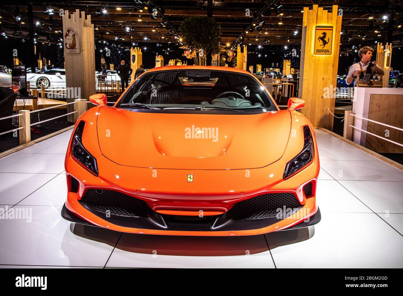 Brussels, Belgium, Jan 2020 Ferrari F8 Tributo, Brussels Motor Show, mid-engined sports car produced by the Italian manufacturer Ferrari Stock Photo