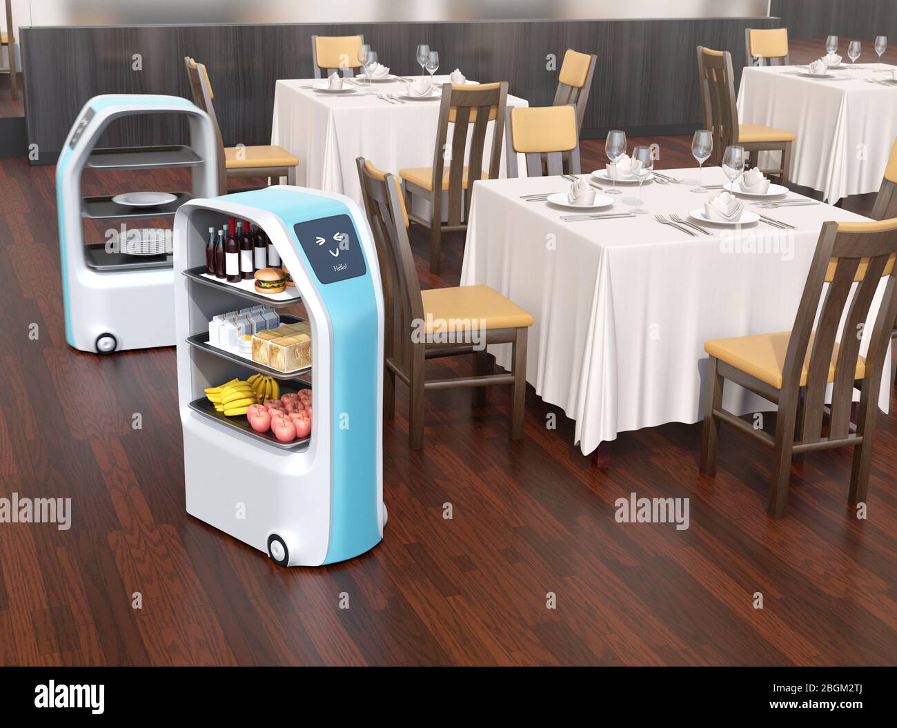 Two food delivery robots working in a restaurant. Touchless service