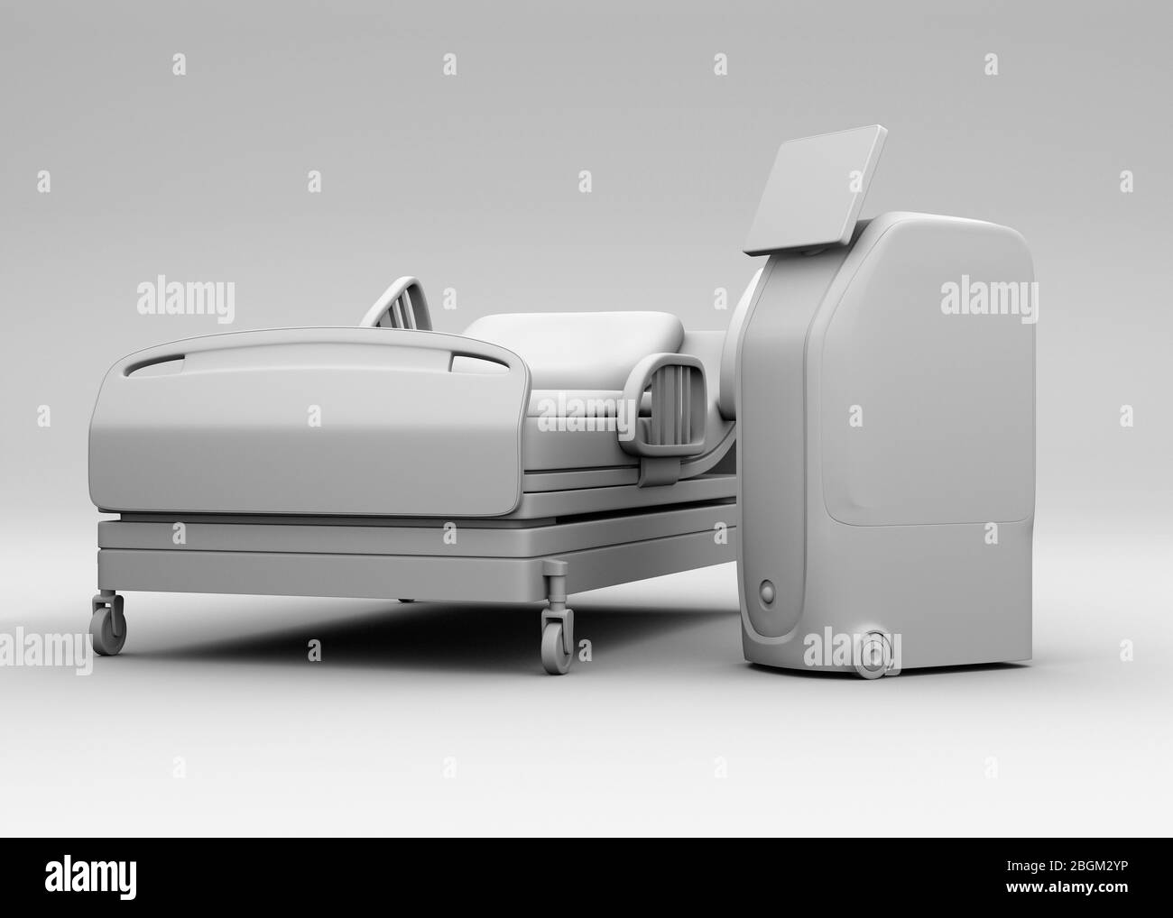 Clay rendering of medical delivery robot and bed. Infection prevention concept. 3D rendering image. Stock Photo