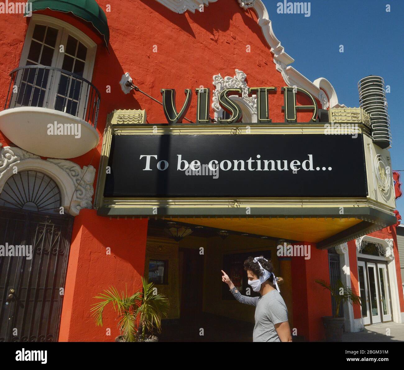 Los Angeles, United States. 22nd Apr, 2020. The historic Vista Theatre informs patrons with the film and TV trope 'To be continued.' on its marquee at the corner of Hollywood and Sunset in Los Angeles on Tuesday, April 21, 2020. Like most non-essential businesses in the U.S., movie theaters were forced to close their doors in mid-March because of the coronavirus pandemic, leaving them with the all-too-common financial problems that come with staying shuttered for an indeterminate amount of time. Photo by Jim Ruymen/UPI Credit: UPI/Alamy Live News Stock Photo