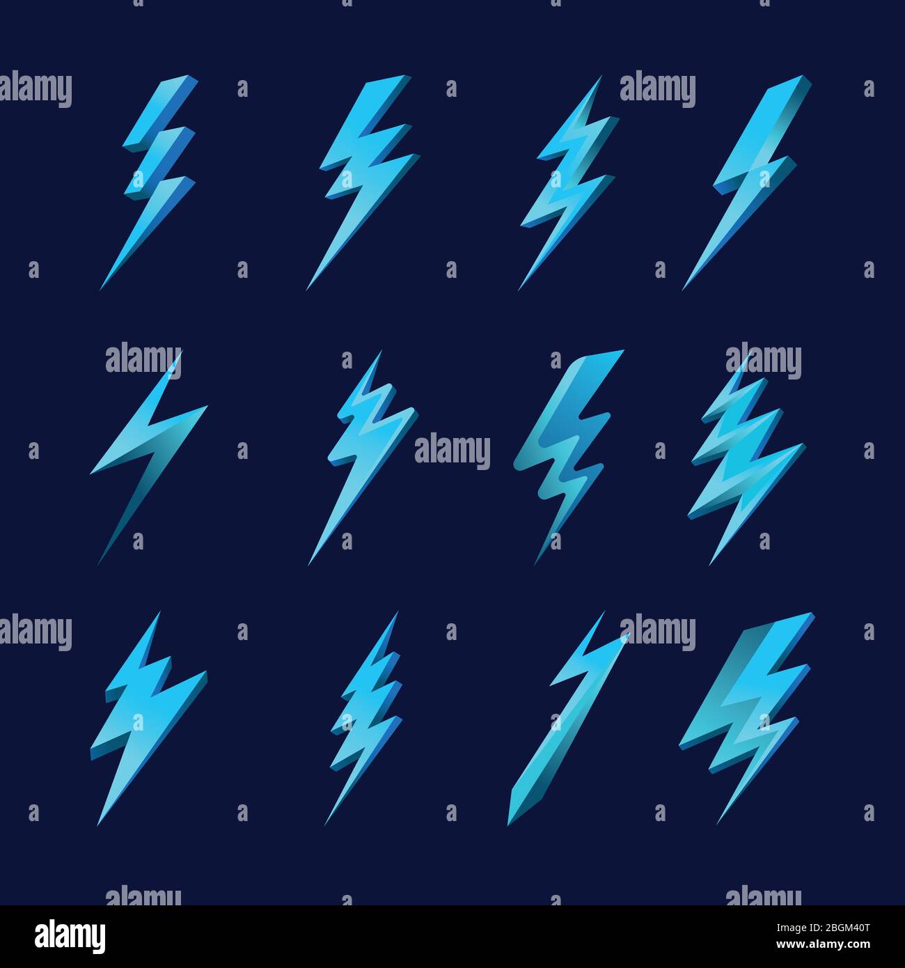 Lightning icon set. Zigzag blue lightning bolts on dark blue background
