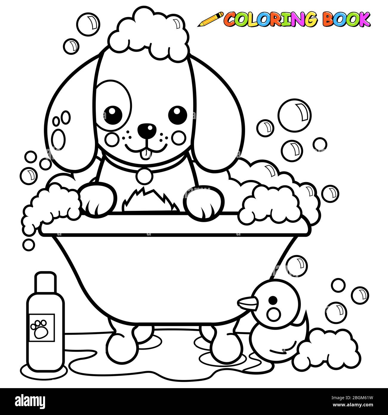 Dog in a tub taking a bath. Black and white coloring page. Stock Photo