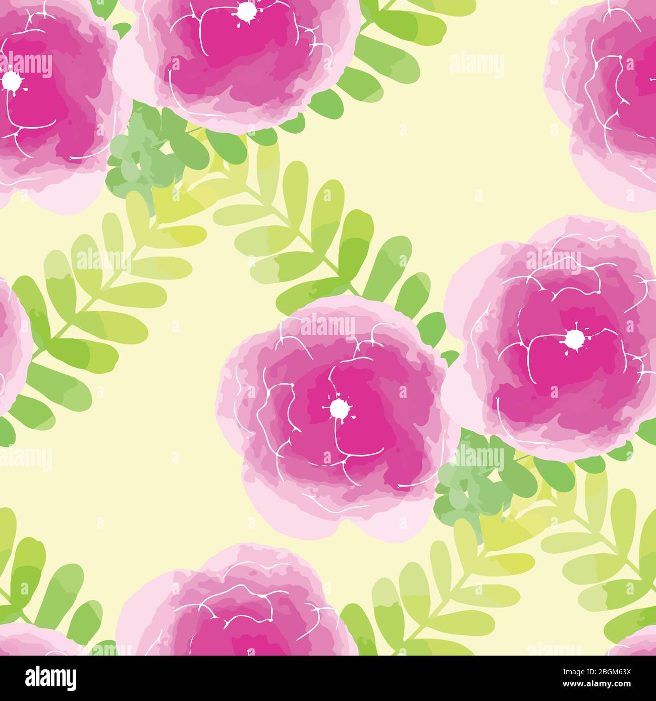 Vector illustration seamless pattern watercolor flowers on light yellow ...