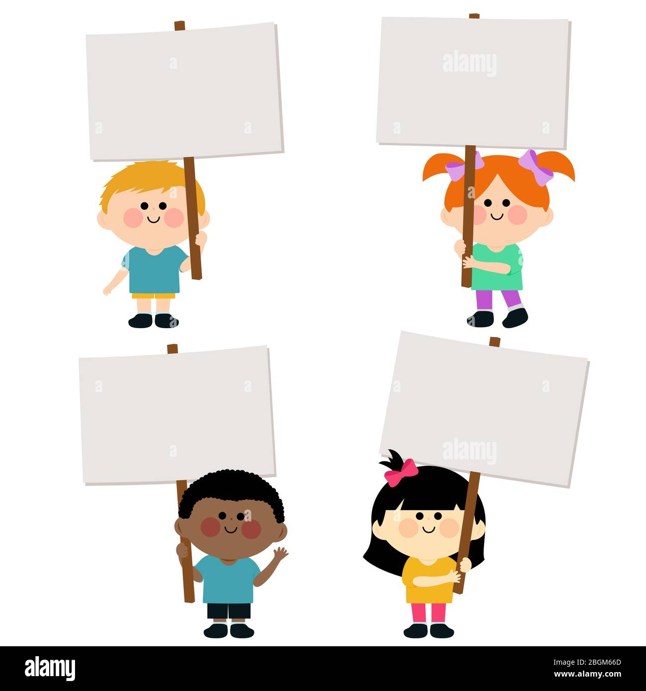 Group of children holding blank placards. Diverse group of children ...