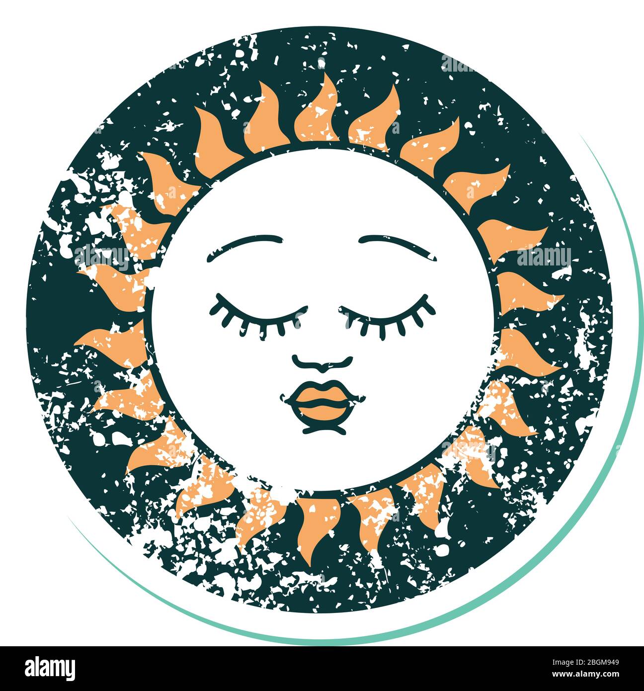 iconic distressed sticker tattoo style image of a sun with face Stock ...