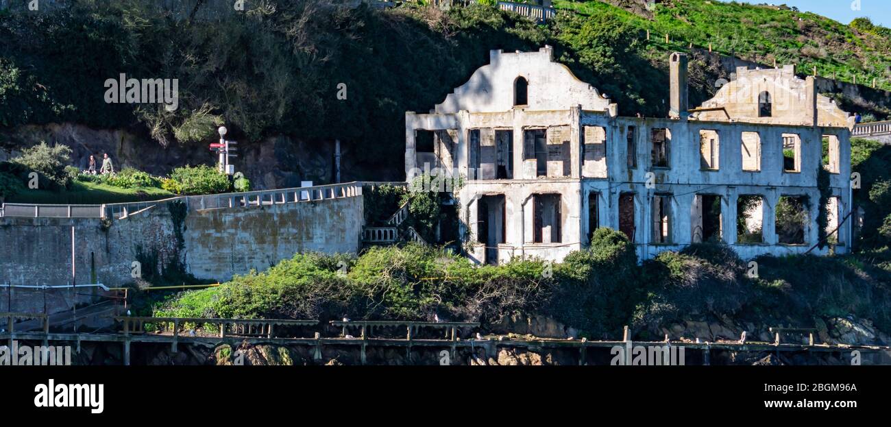 Remains of the ruined Wardens House in Alcatraz Island Prison San Francisco California. This is residence of the warden of the Alcatraz Prison Stock Photo