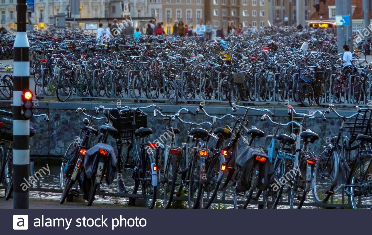 Parked bicycles in Amsterdam, Netherlands Stock Photo