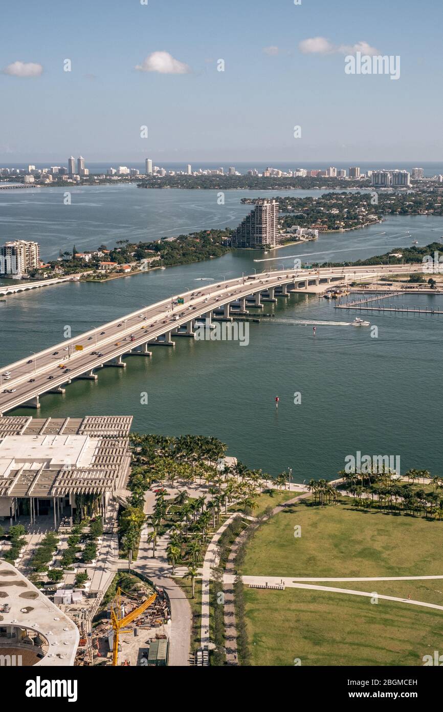 Bird eye view on Biscayne bridge at Miami bay. Miami, Florida, United States of America. Stock Photo