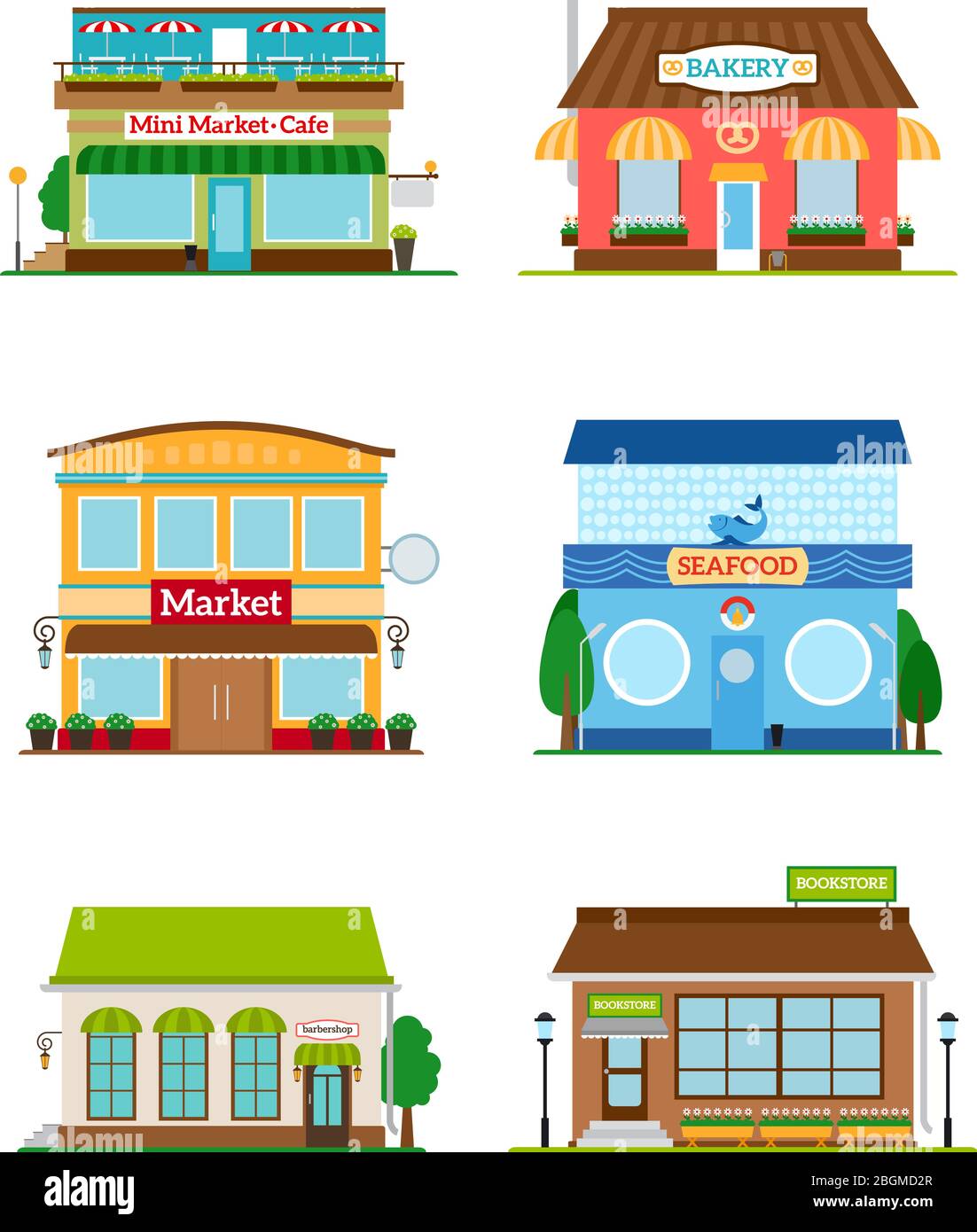 Shop store facade set. Bakery and bookstore, cafe and market Stock Vector