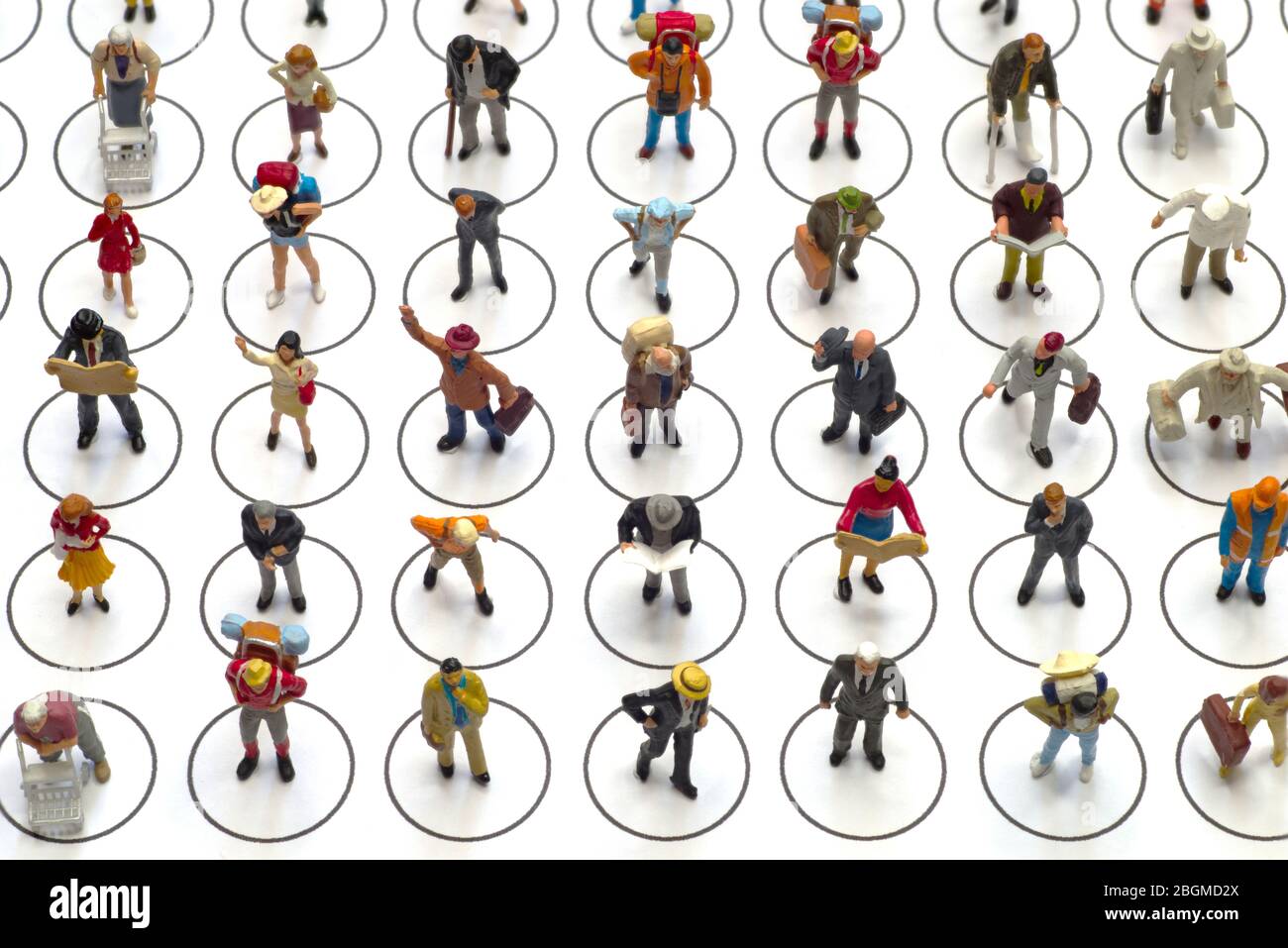 Top view, from above miniature toys - social distancing conceptual image, people distancing each other in public places to avoid infection. Stock Photo
