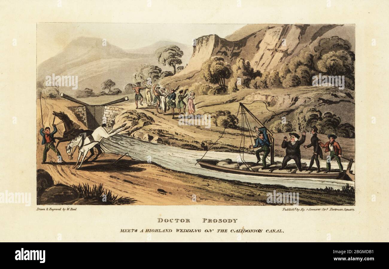 English tourists see Scots dancing to bagpipe music on the bank of the Caledonian Canal from Fort William to Inverness, Scotland. Doctor Prosody meets a highland wedding on the Calidonian Canal. Handcoloured copperplate engraving drawn and engraved by William Read from William Combe’s The Tour of Doctor Prosody, in search of the Antique and the Picturesque, through Scotland, the Hebrides, the Orkney and Shetland Isles, Matthew Illy, London, 1821. Stock Photo