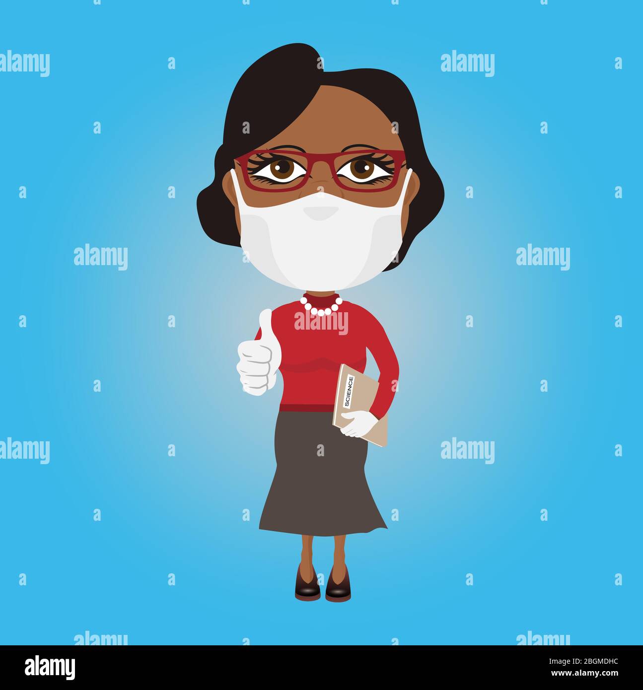 Black dark skin Afro African Old school female professor teacher with mask and white gloves thumbs up and grey science book grey skirt and red jumper Stock Vector