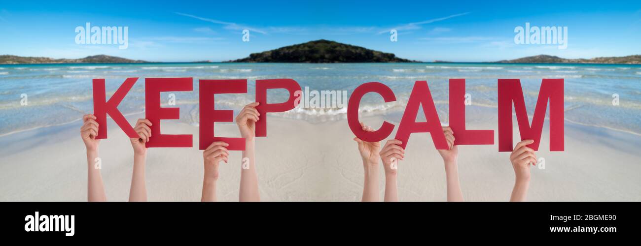 People Hands Holding Word Keep Calm, Ocean Background Stock Photo