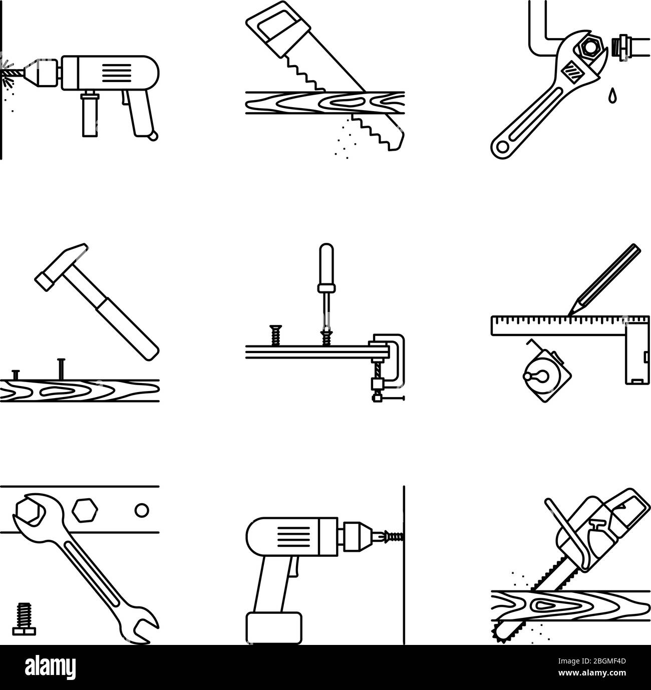Home repair line icons. Home repair tools vector icons on white ...