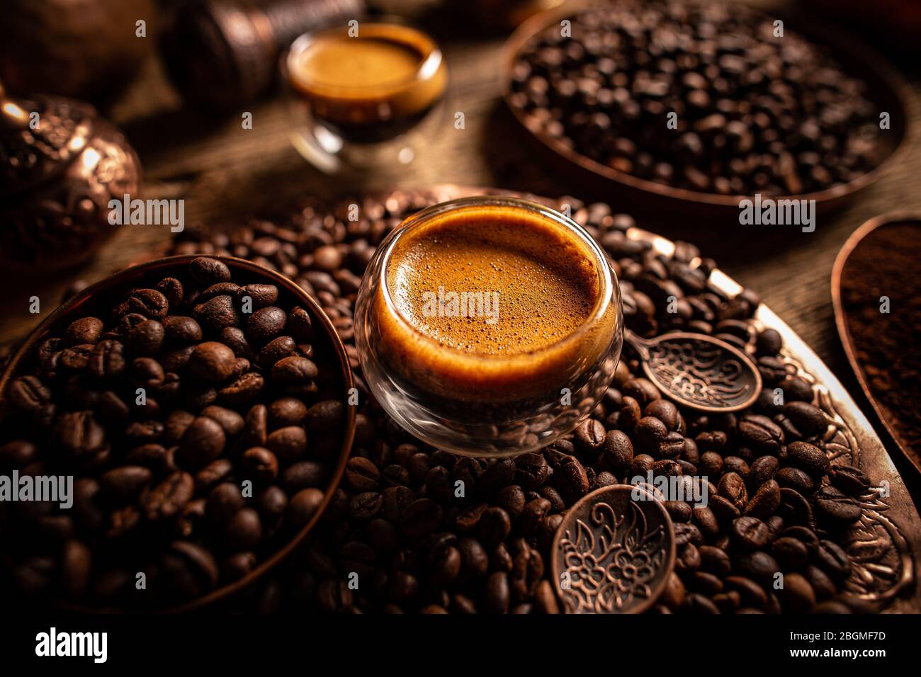 Espresso shot and coffee beans Stock Photo Alamy