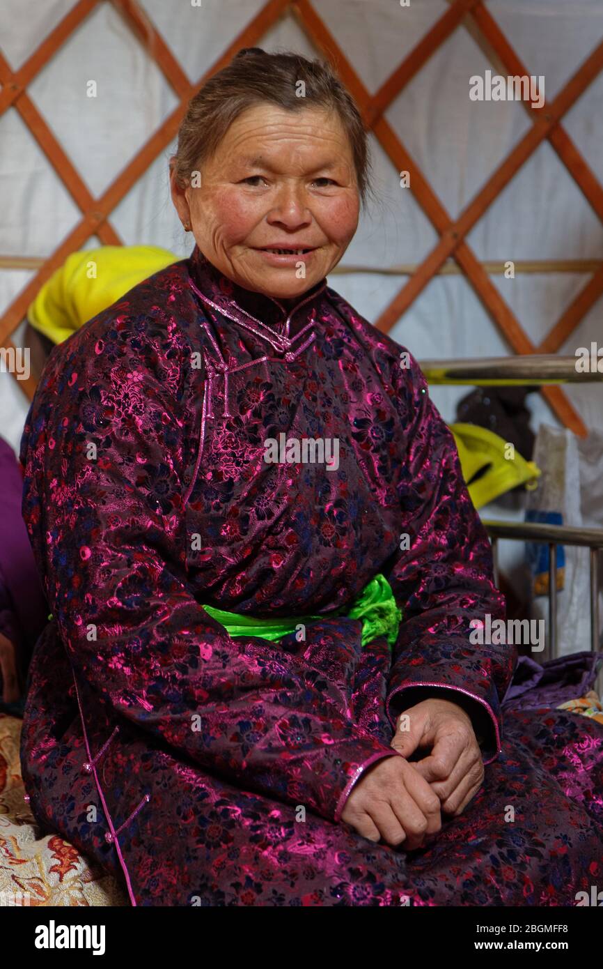 KHATGAL, MONGOLIA, February 25, 2020 : Mongolian people visit their family and friends in their yurts during Tsagaan Tsar, the mongolian new year. Stock Photo