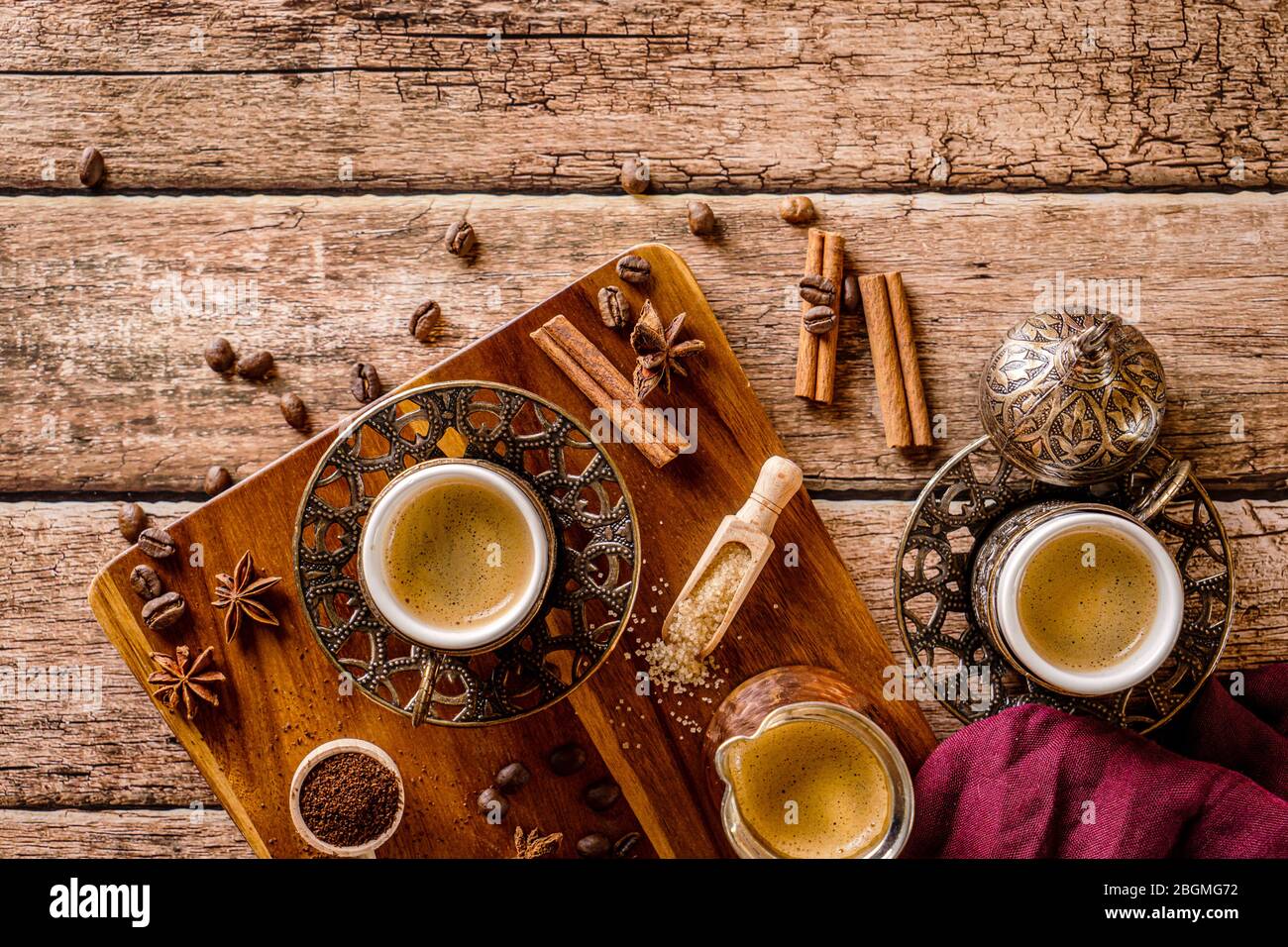 Coffee and spices turkish tradition on a wood background Stock Photo