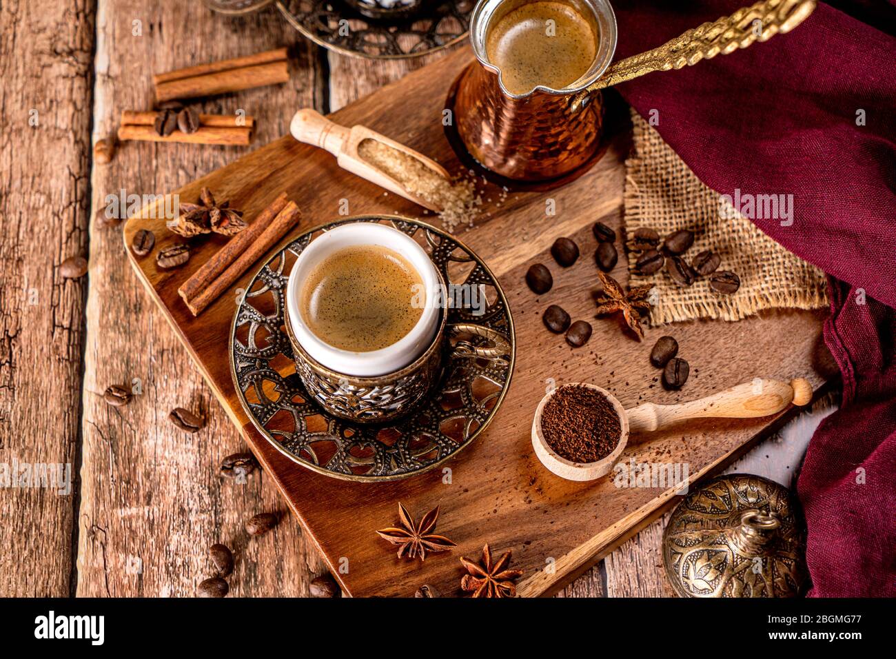 Coffee concept photography on a natural wood background Stock Photo