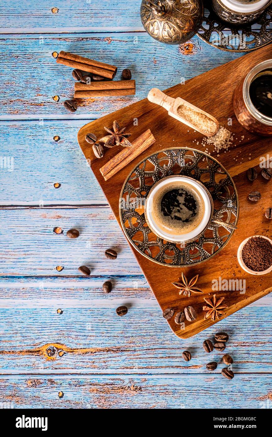 Coffee background with space for text. Blue aged wood basckground Stock Photo