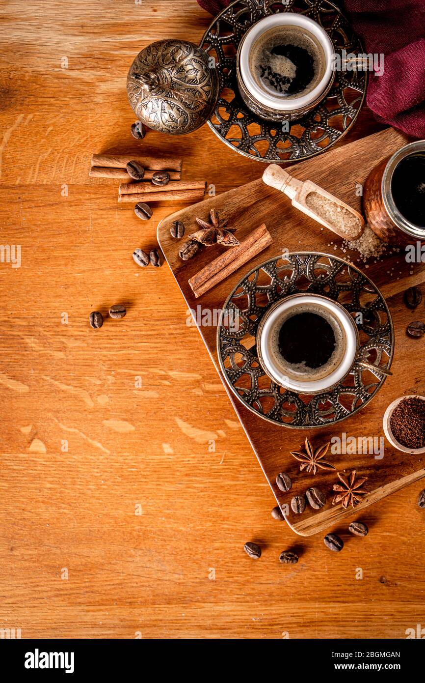 Black coffee on a natural wood background Stock Photo