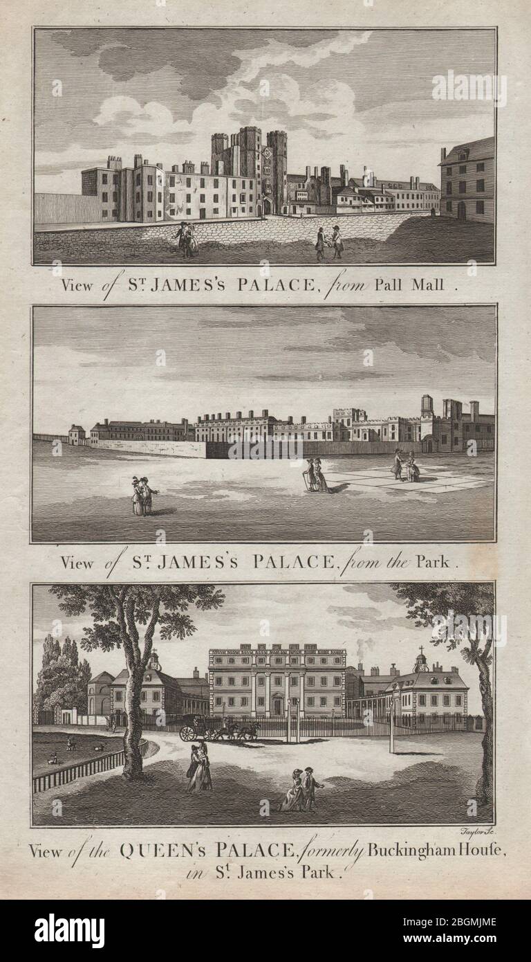 ROYAL PALACES. St. James's Palace. Buckingham House, now Palace. THORNTON 1784 Stock Photo