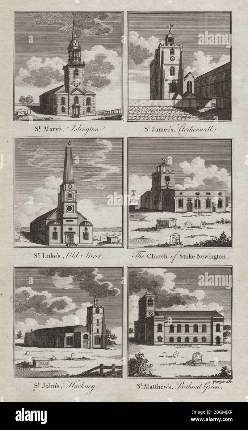 LONDON CHURCHES St. Mary Islington James Luke John Hackney Matthew THORNTON 1784 Stock Photo