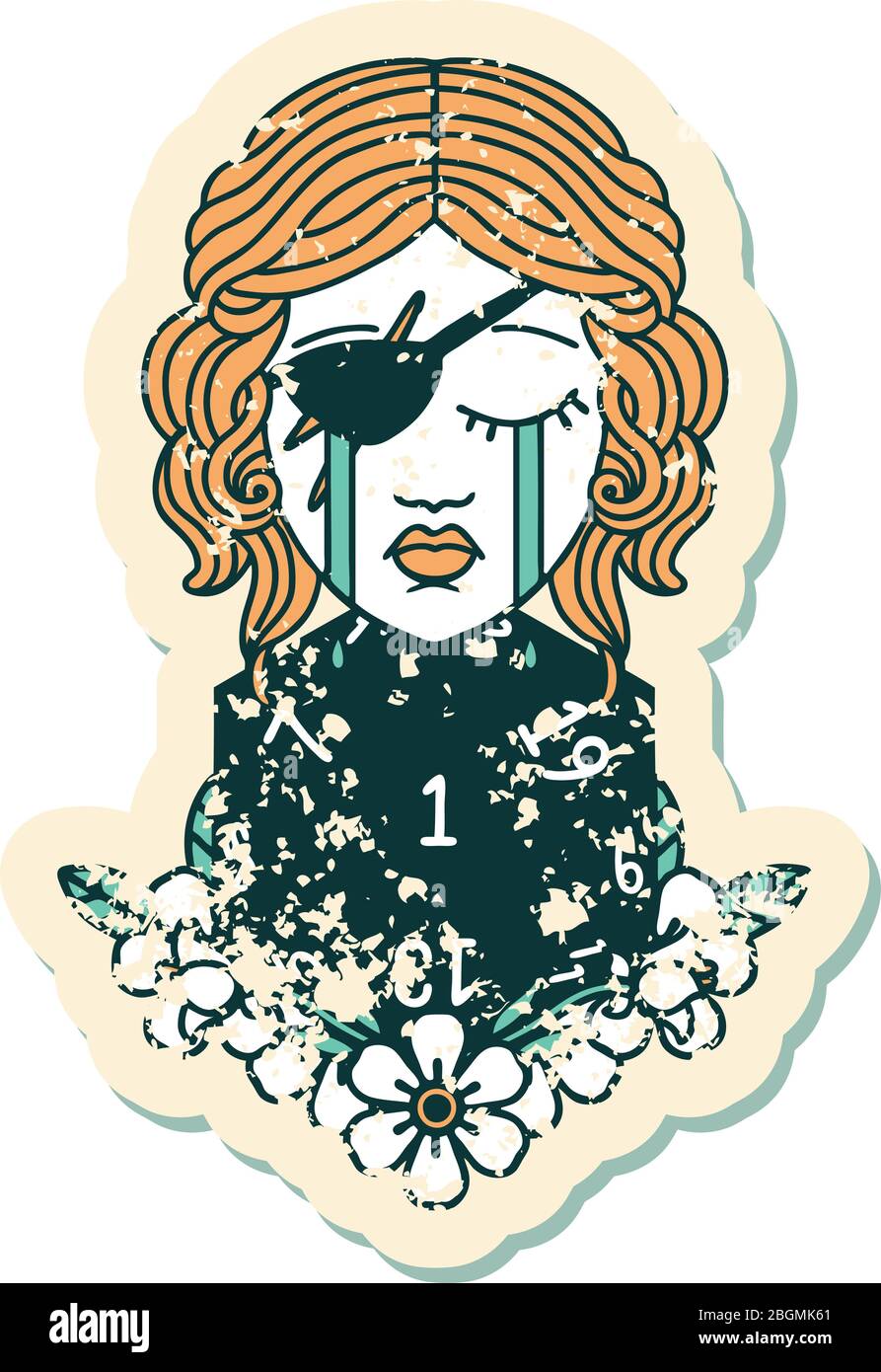 grunge sticker of a crying human rogue with natural one d20 roll Stock Vector