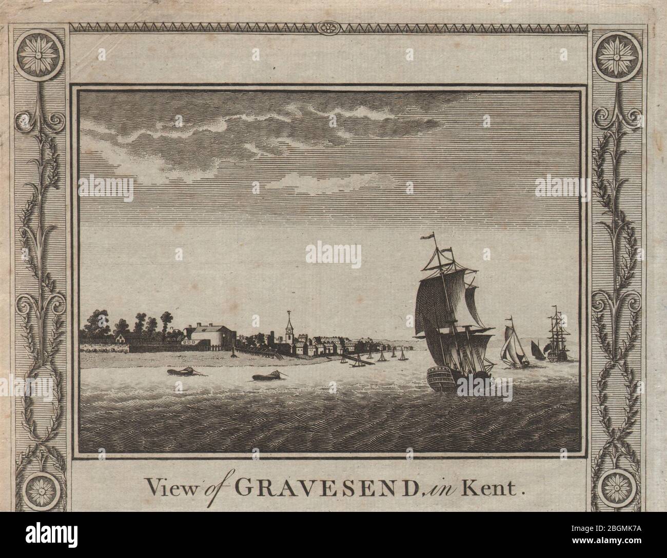 View of Gravesend in Kent. St George's church. Sailing ships. THORNTON 1784 Stock Photo