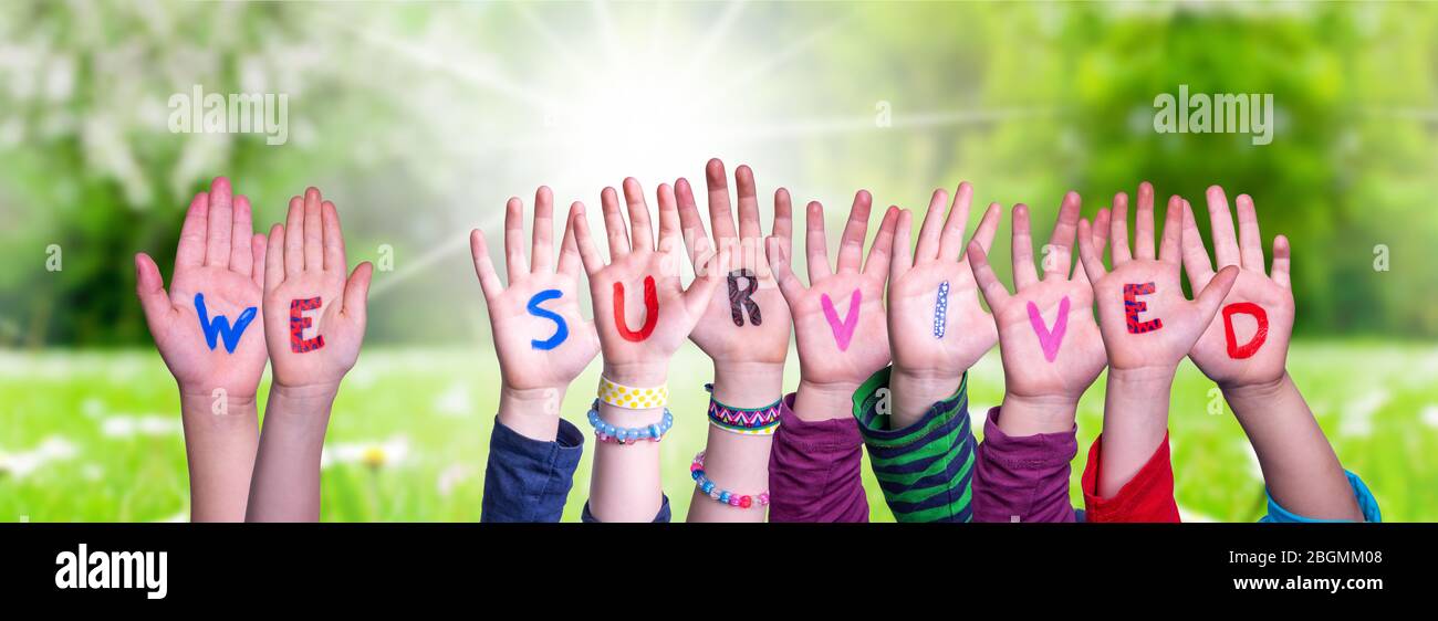 Children Hands Building Word We Survived, Grass Meadow Stock Photo