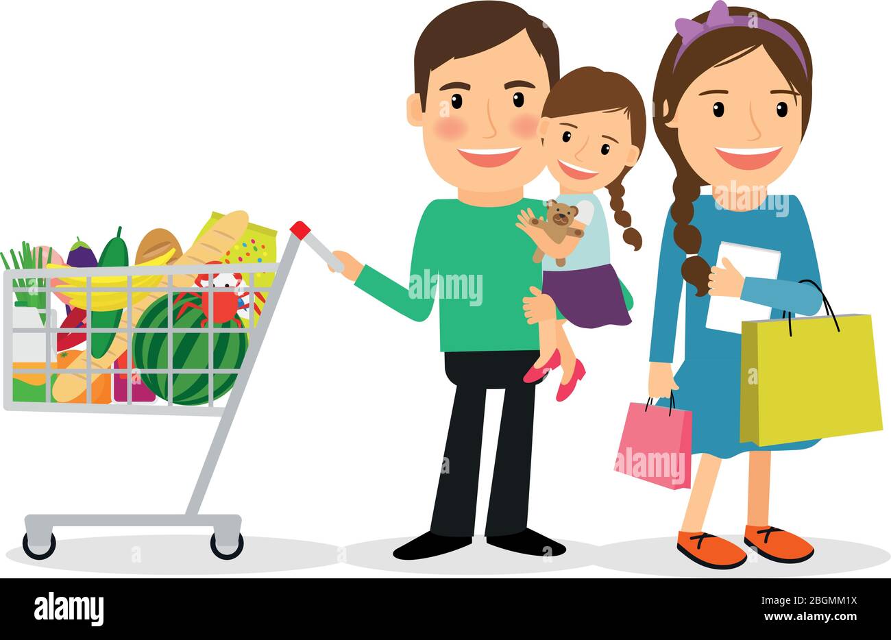 Family shopping concept. Happy family with shopping bags and shopping cart colorful icon on white background. Vector illustration Stock Vector
