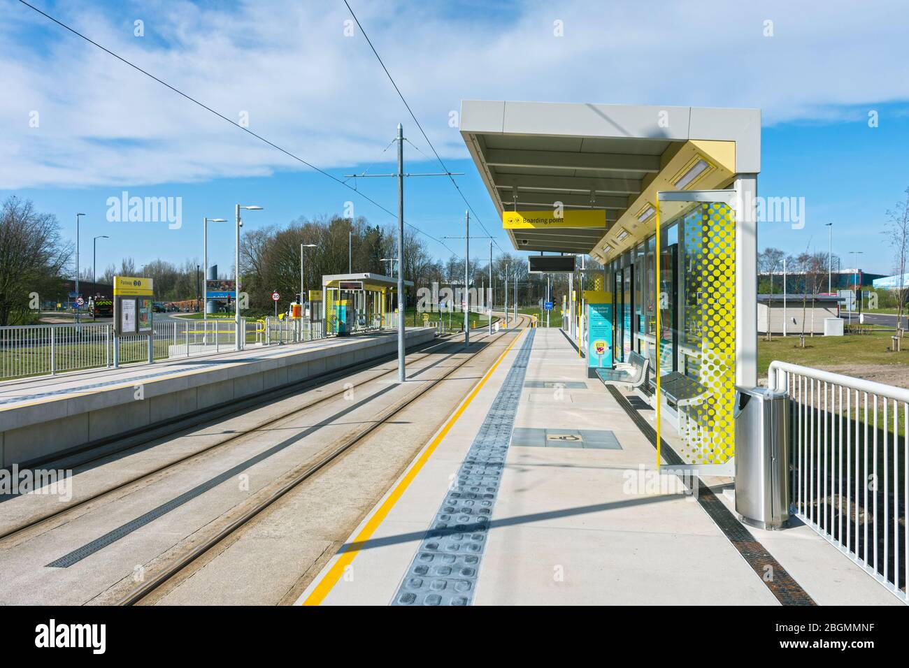 The Metrolink Parkway tram stop on the opening day of the Trafford Park