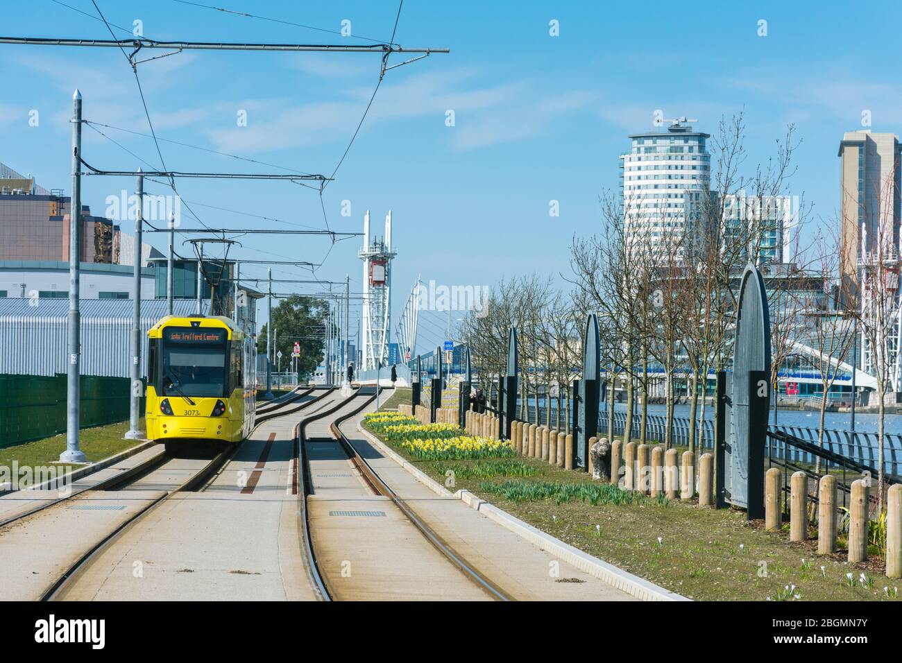 Metrolink tram near the Wharfside stop on the opening day of the