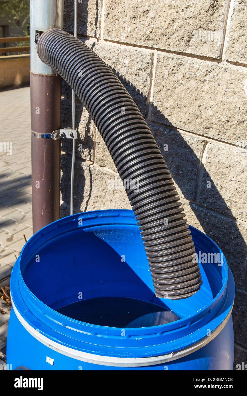 Blue plastic rain water barrel. watering the garden. Water saving