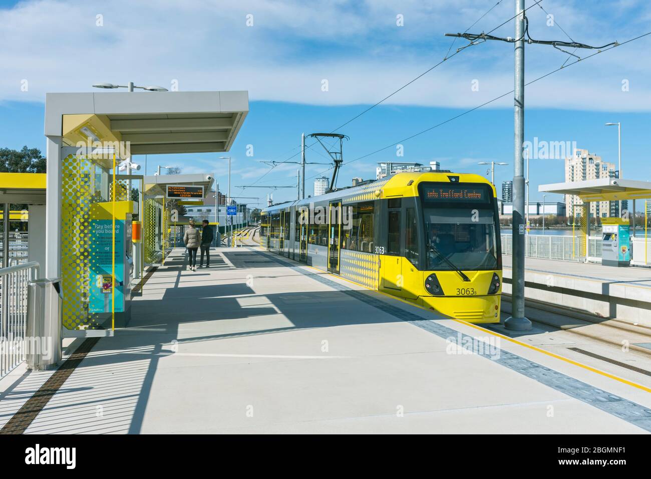 Metrolink tram at the Wharfside stop on the opening day of the Trafford