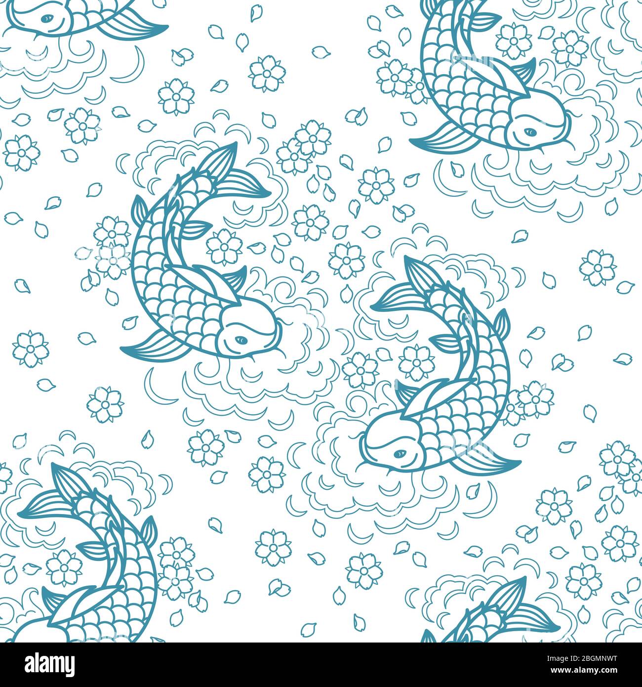 Koi chinese carp seamless pattern. Vector blue background with fish Stock Vector