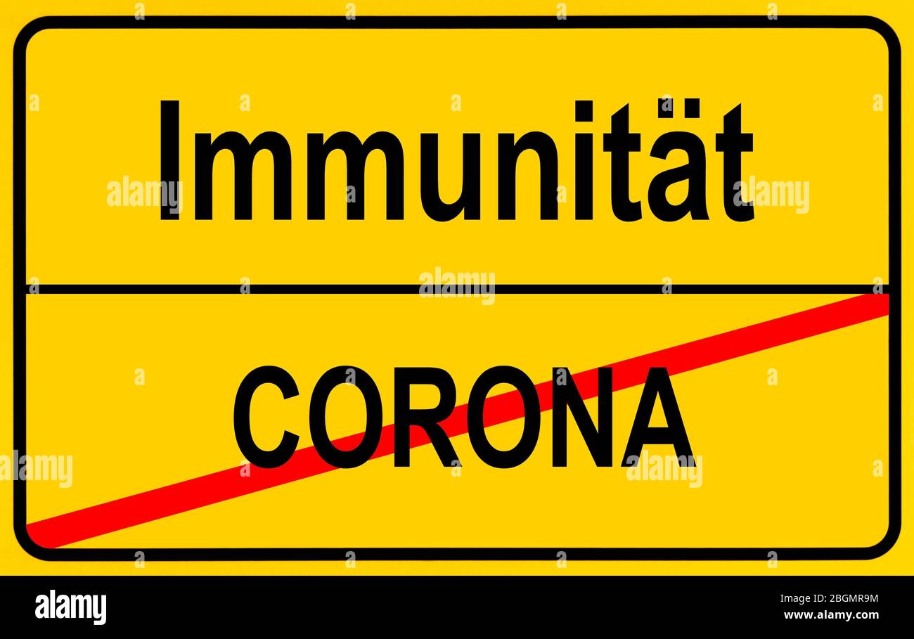 PHOTOMONTAGE, symbol image, place-name sign, immunity, herd immunity, corona, coronavirus, Sars-CoV-2, Covid-19, Germany Stock Photo