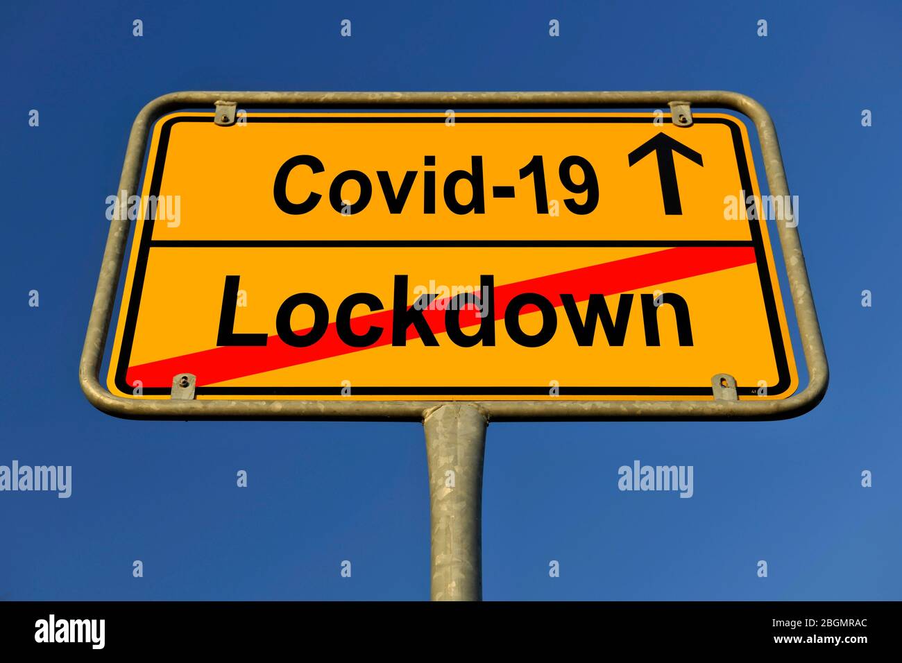 Digital Composing, symbolic image, place-name sign, lifting or loosening of lockdown, shutdown, leads to increased infections, coronavirus, Covid-19 Stock Photo