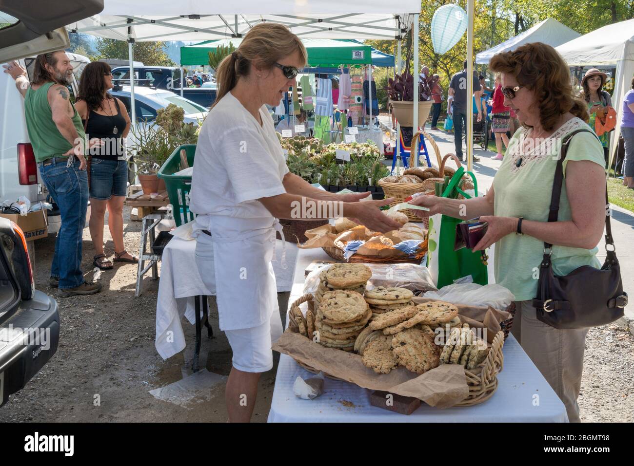 Bakers stall at farmers market in Golden, British Columbia, Canada Stock Photo