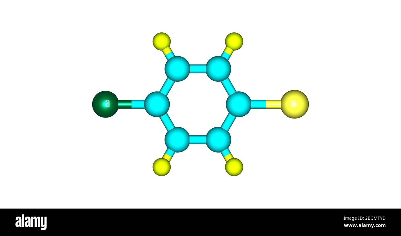 1-Bromo-4-chlorobenzene molecule, halogen atoms and benzene. 3d illustration Stock Photo