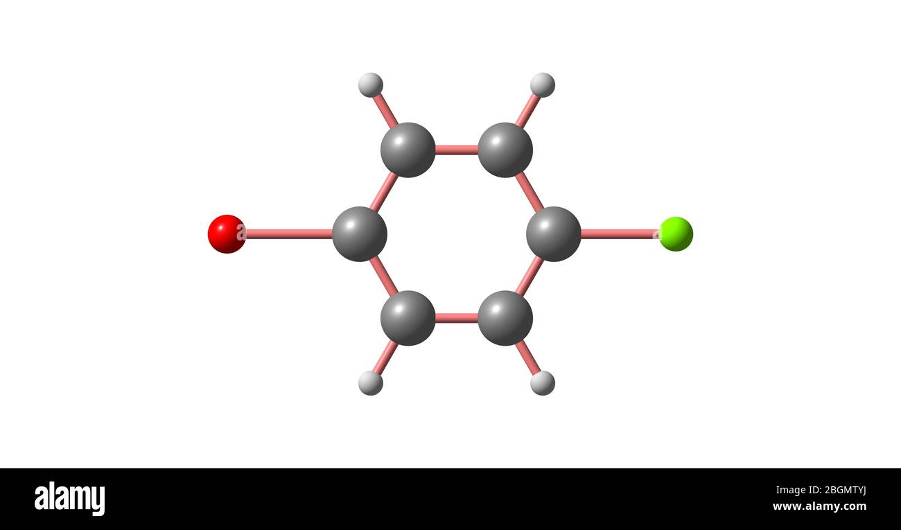 1-Bromo-4-chlorobenzene molecule, halogen atoms and benzene. 3d illustration Stock Photo