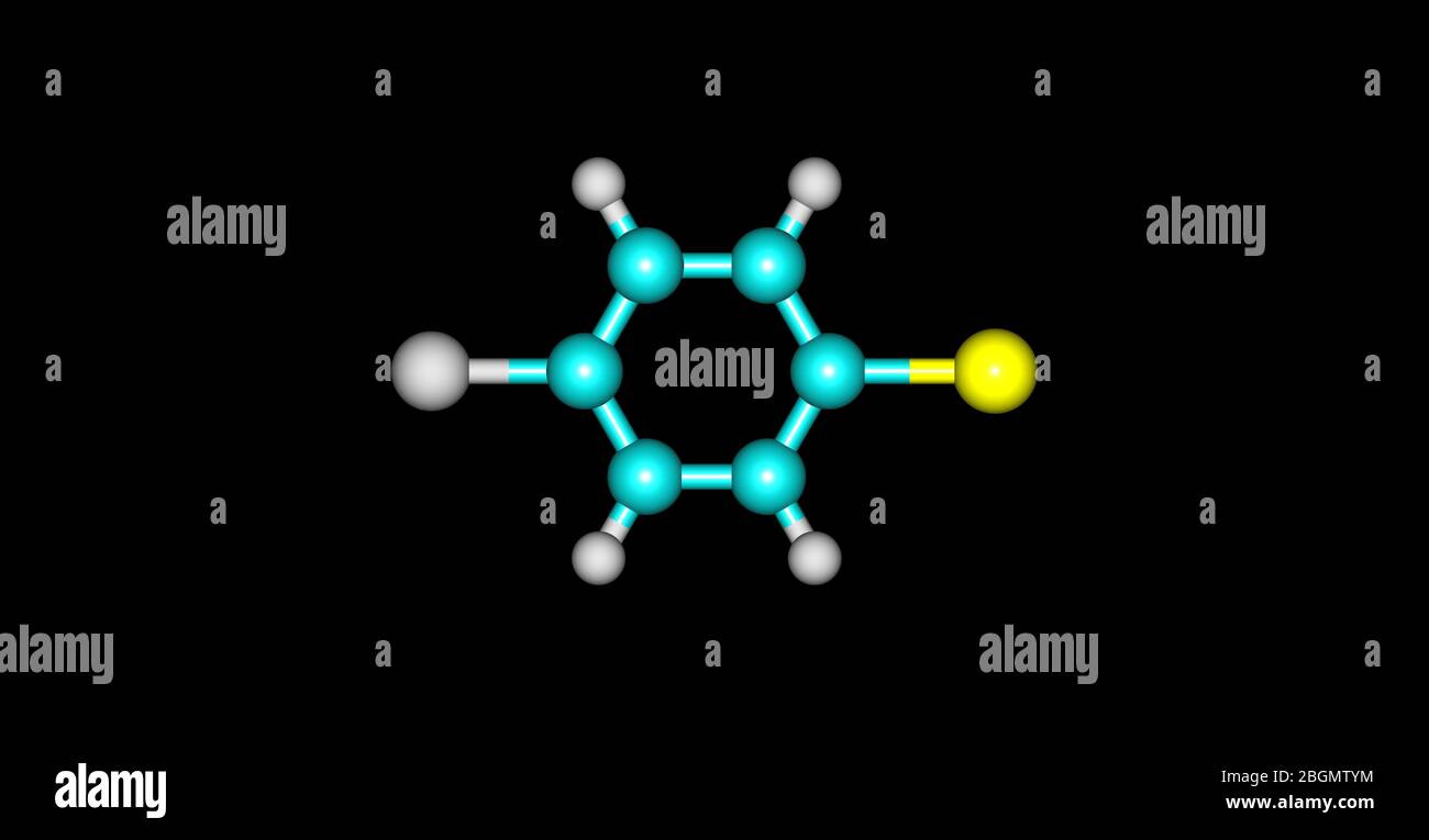 1-Bromo-4-chlorobenzene molecule, halogen atoms and benzene. 3d illustration Stock Photo